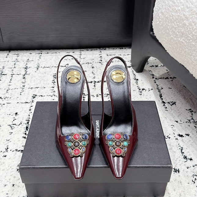 YSL 26S SLINGBACK HEELS 105 MM IN DARK RED CALFSKIN CRYSTAL EMBELLISHMENT