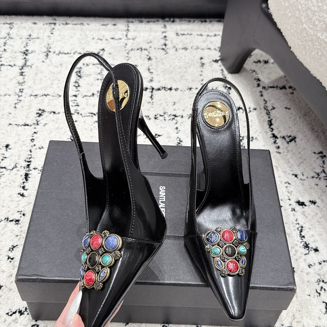 YSL 26S SLINGBACK HEELS 105 MM IN BLACK CALFSKIN CRYSTAL EMBELLISHMENT