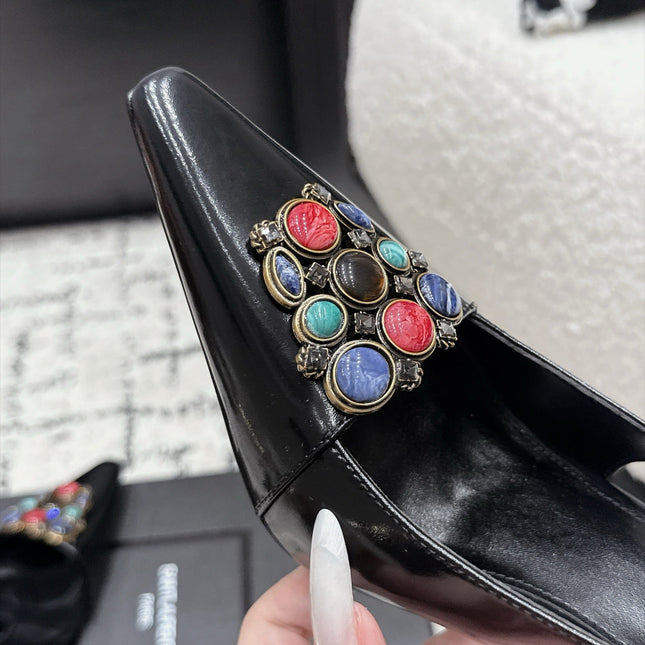 YSL 26S SLINGBACK HEELS 105 MM IN BLACK CALFSKIN CRYSTAL EMBELLISHMENT