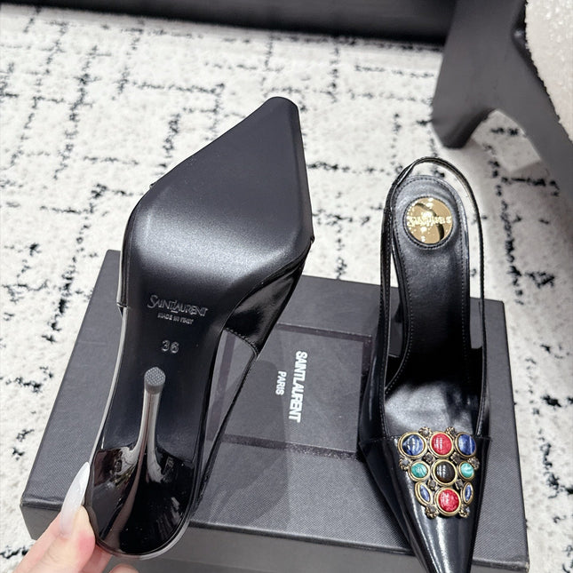 YSL 26S SLINGBACK HEELS 105 MM IN BLACK CALFSKIN CRYSTAL EMBELLISHMENT