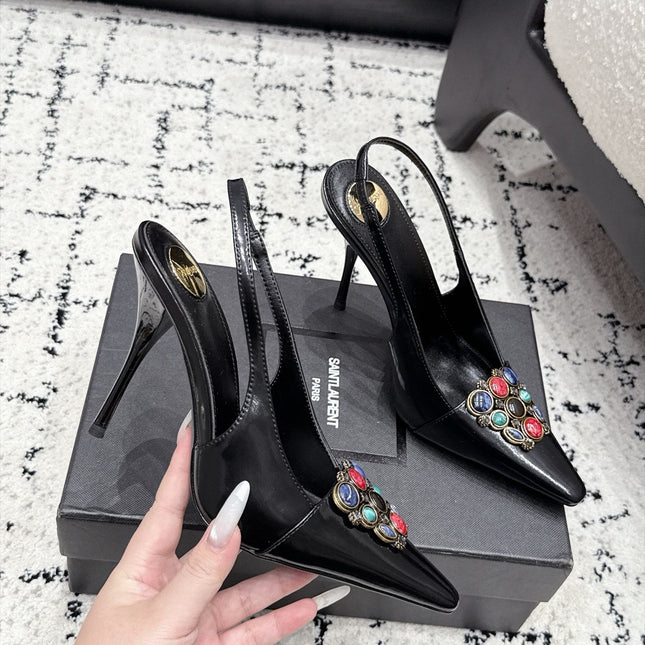 YSL 26S SLINGBACK HEELS 105 MM IN BLACK CALFSKIN CRYSTAL EMBELLISHMENT