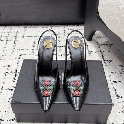 YSL 26S SLINGBACK HEELS 105 MM IN BLACK CALFSKIN CRYSTAL EMBELLISHMENT