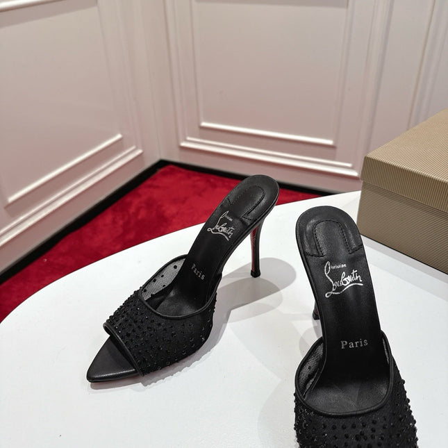 CHRISTIAN LOUBOUTIN 26S HEELED SANDALS 100 MM IN BLACK RHINESTONE MESH