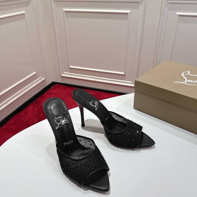 CHRISTIAN LOUBOUTIN 26S HEELED SANDALS 100 MM IN BLACK RHINESTONE MESH