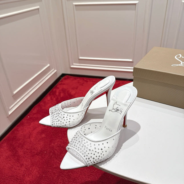 CHRISTIAN LOUBOUTIN 26S HEELED SANDALS 100 MM IN WHITE RHINESTONE MESH