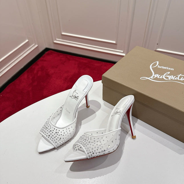 CHRISTIAN LOUBOUTIN 26S HEELED SANDALS 100 MM IN WHITE RHINESTONE MESH
