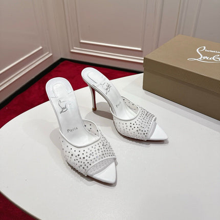 CHRISTIAN LOUBOUTIN 26S HEELED SANDALS 100 MM IN WHITE RHINESTONE MESH