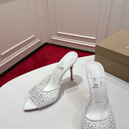 CHRISTIAN LOUBOUTIN 26S HEELED SANDALS 100 MM IN WHITE RHINESTONE MESH