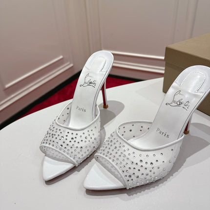 CHRISTIAN LOUBOUTIN 26S HEELED SANDALS 100 MM IN WHITE RHINESTONE MESH