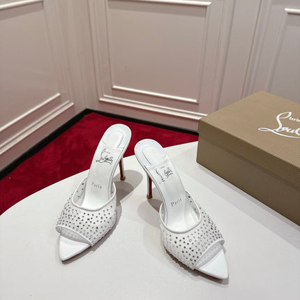 CHRISTIAN LOUBOUTIN 26S HEELED SANDALS 100 MM IN WHITE RHINESTONE MESH