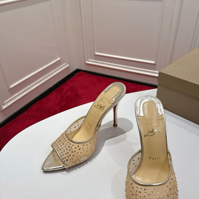 CHRISTIAN LOUBOUTIN 26S HEELED SANDALS 100 MM IN SILVER AND BEIGE RHINESTONE MESH