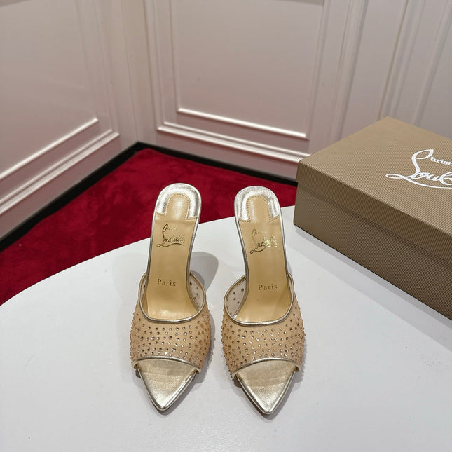CHRISTIAN LOUBOUTIN 26S HEELED SANDALS 100 MM IN SILVER AND BEIGE RHINESTONE MESH