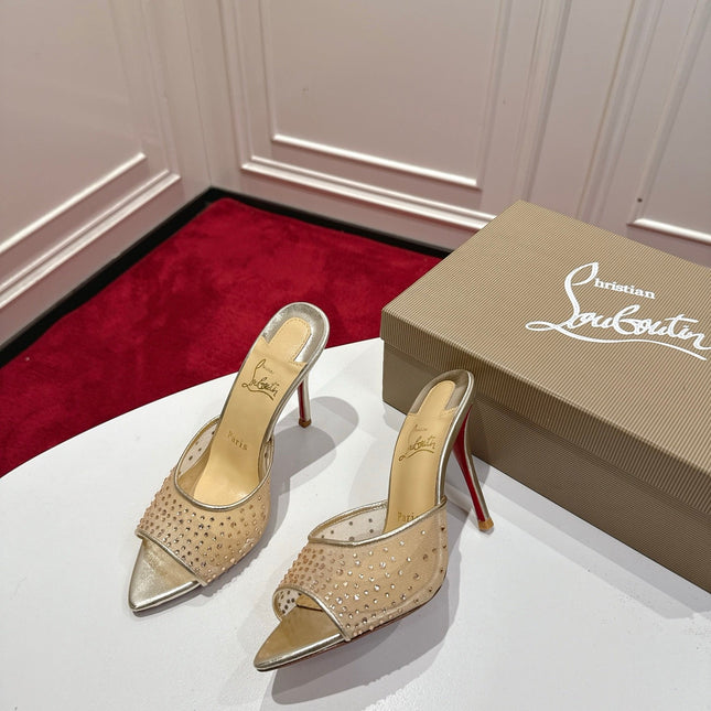 CHRISTIAN LOUBOUTIN 26S HEELED SANDALS 100 MM IN SILVER AND BEIGE RHINESTONE MESH