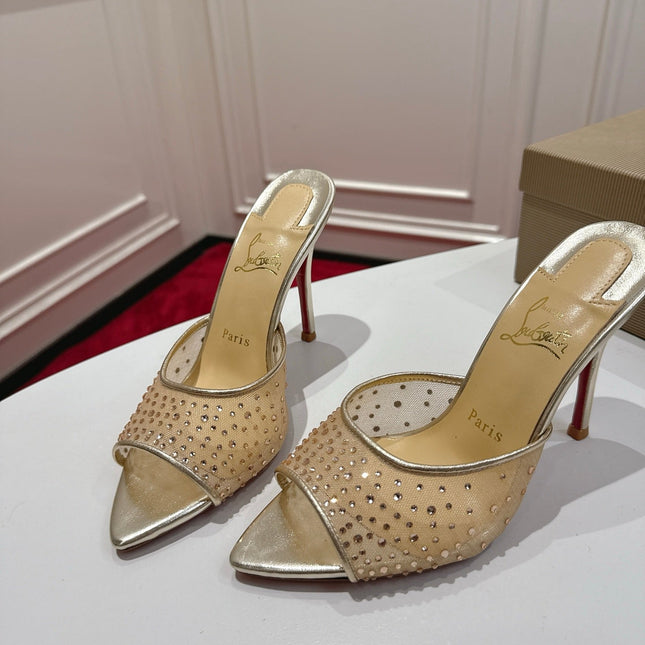 CHRISTIAN LOUBOUTIN 26S HEELED SANDALS 100 MM IN SILVER AND BEIGE RHINESTONE MESH