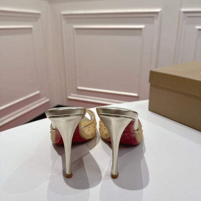 CHRISTIAN LOUBOUTIN 26S HEELED SANDALS 100 MM IN SILVER AND BEIGE RHINESTONE MESH