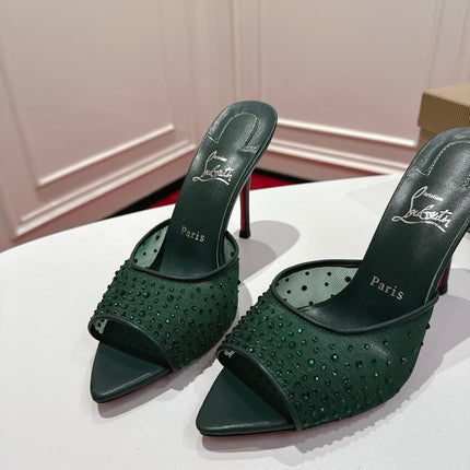 CHRISTIAN LOUBOUTIN 26S HEELED SANDALS 100 MM IN DARK GREEN RHINESTONE MESH