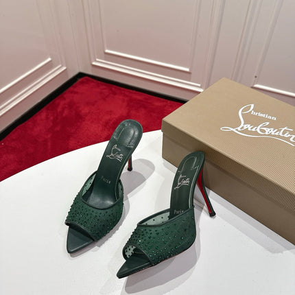 CHRISTIAN LOUBOUTIN 26S HEELED SANDALS 100 MM IN DARK GREEN RHINESTONE MESH