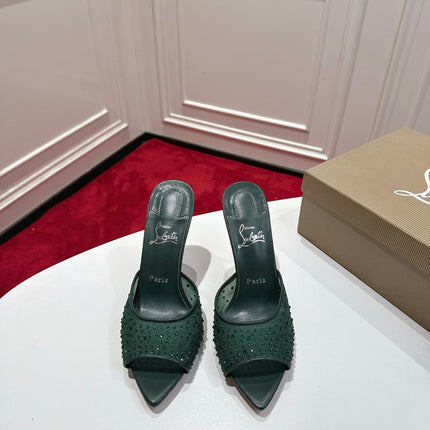 CHRISTIAN LOUBOUTIN 26S HEELED SANDALS 100 MM IN DARK GREEN RHINESTONE MESH