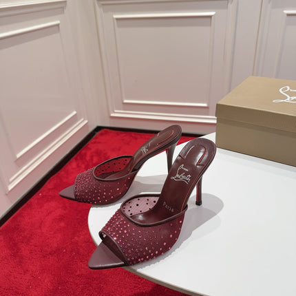 CHRISTIAN LOUBOUTIN 26S HEELED SANDALS 100 MM IN DARK RED RHINESTONE MESH