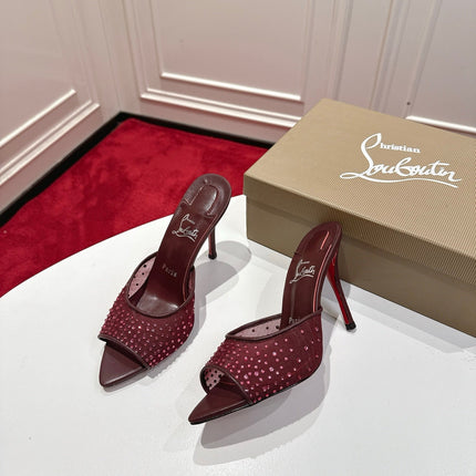 CHRISTIAN LOUBOUTIN 26S HEELED SANDALS 100 MM IN DARK RED RHINESTONE MESH