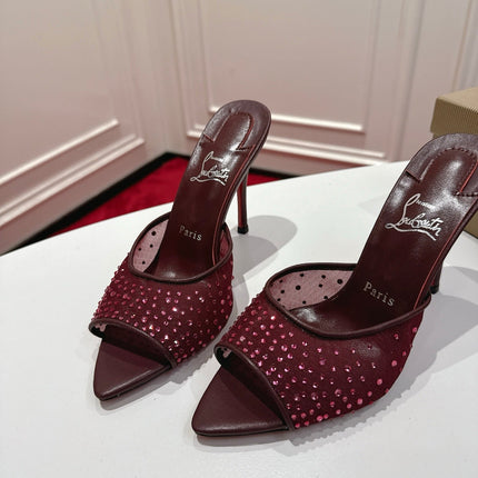 CHRISTIAN LOUBOUTIN 26S HEELED SANDALS 100 MM IN DARK RED RHINESTONE MESH