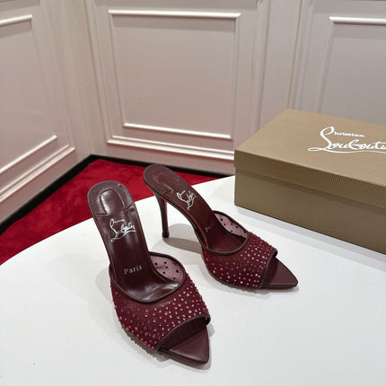 CHRISTIAN LOUBOUTIN 26S HEELED SANDALS 100 MM IN DARK RED RHINESTONE MESH