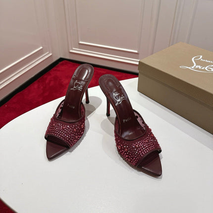 CHRISTIAN LOUBOUTIN 26S HEELED SANDALS 100 MM IN DARK RED RHINESTONE MESH STYLE 1