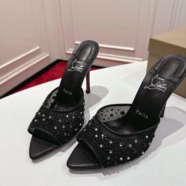CHRISTIAN LOUBOUTIN 26S HEELED SANDALS 100 MM IN BLACK RHINESTONE MESH STYLE 3