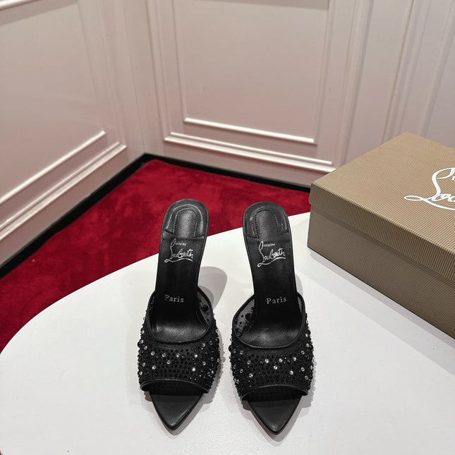 CHRISTIAN LOUBOUTIN 26S HEELED SANDALS 100 MM IN BLACK RHINESTONE MESH STYLE 3