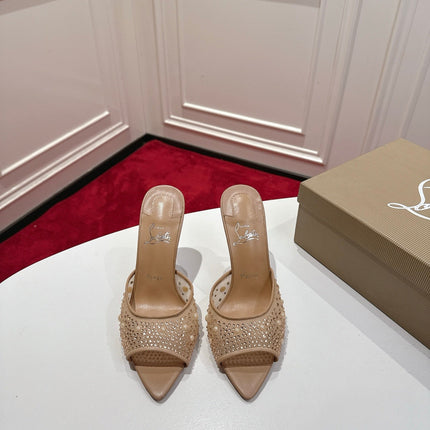 CHRISTIAN LOUBOUTIN 26S HEELED SANDALS 100 MM IN BEIGE RHINESTONE MESH STYLE 4