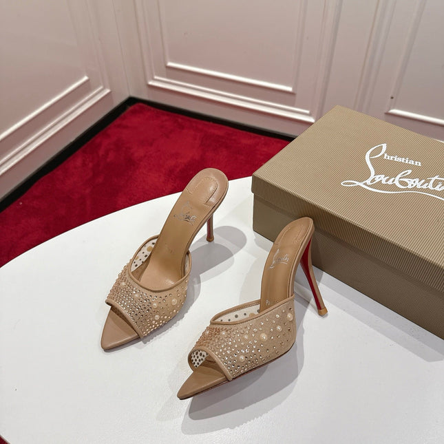CHRISTIAN LOUBOUTIN 26S HEELED SANDALS 100 MM IN BEIGE RHINESTONE MESH STYLE 4