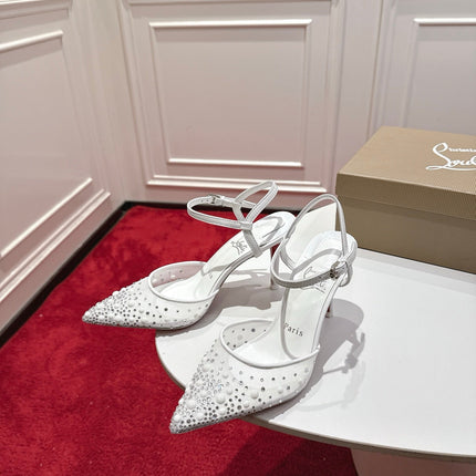 CHRISTIAN LOUBOUTIN 26S POINTED-TOE HIGH HEELS 100 MM IN WHITE RHINESTONE MESH