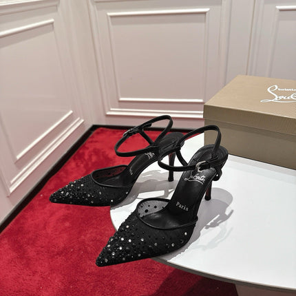 CHRISTIAN LOUBOUTIN 26S POINTED-TOE HIGH HEELS 100 MM IN BLACK RHINESTONE MESH