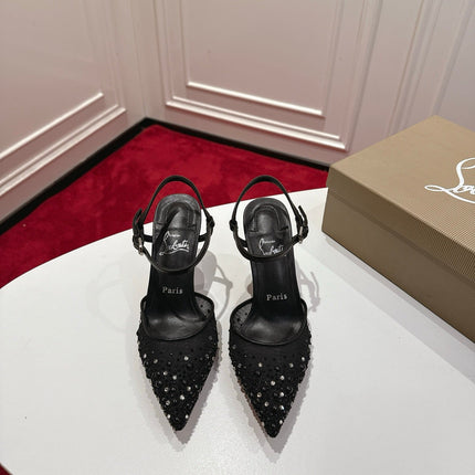 CHRISTIAN LOUBOUTIN 26S POINTED-TOE HIGH HEELS 100 MM IN BLACK RHINESTONE MESH
