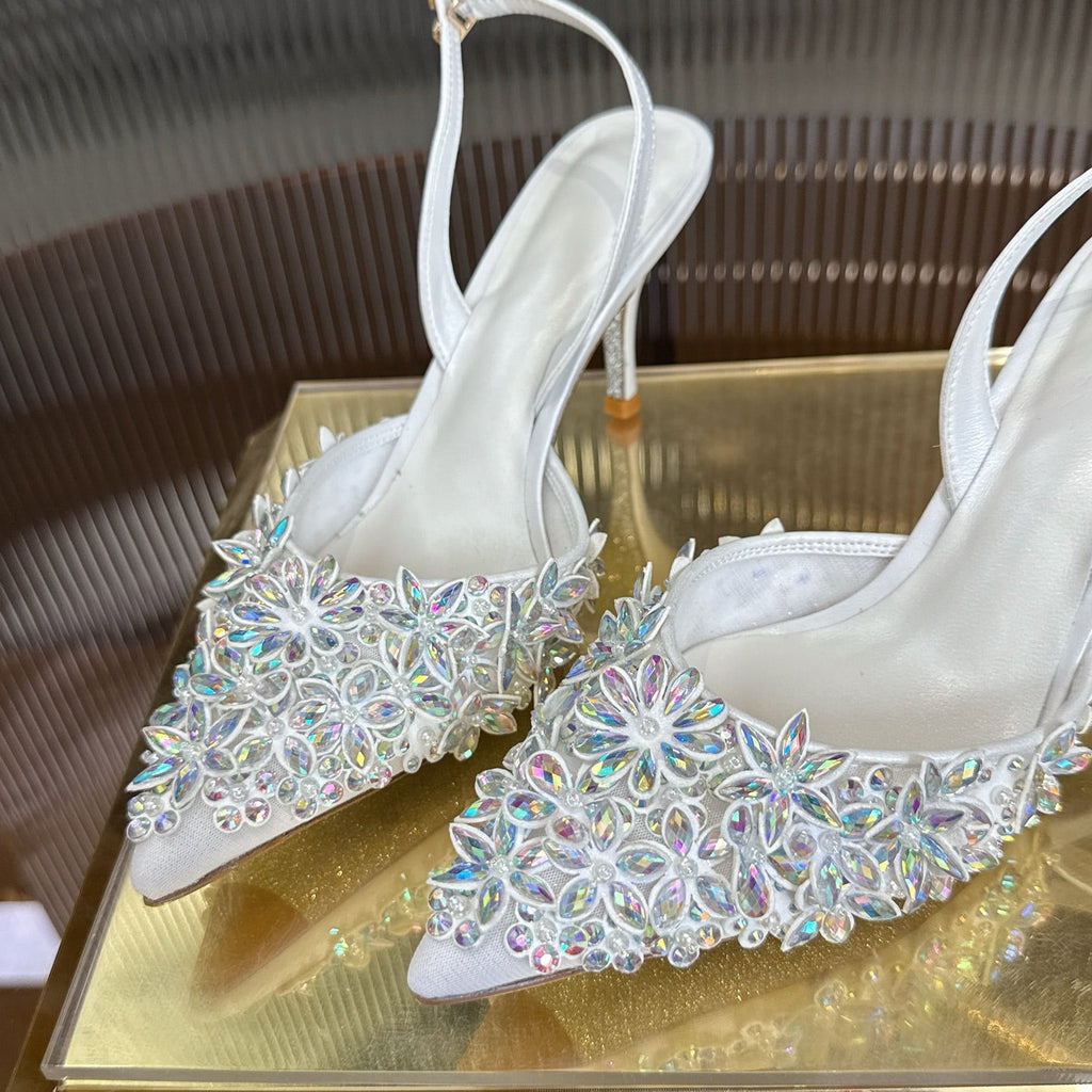 RENE CAOVILLA 26S HIGH-HEEL SLINGBACKS 75 MM IN WHITE LAMBSKIN CRYSTAL EMBELLISHED