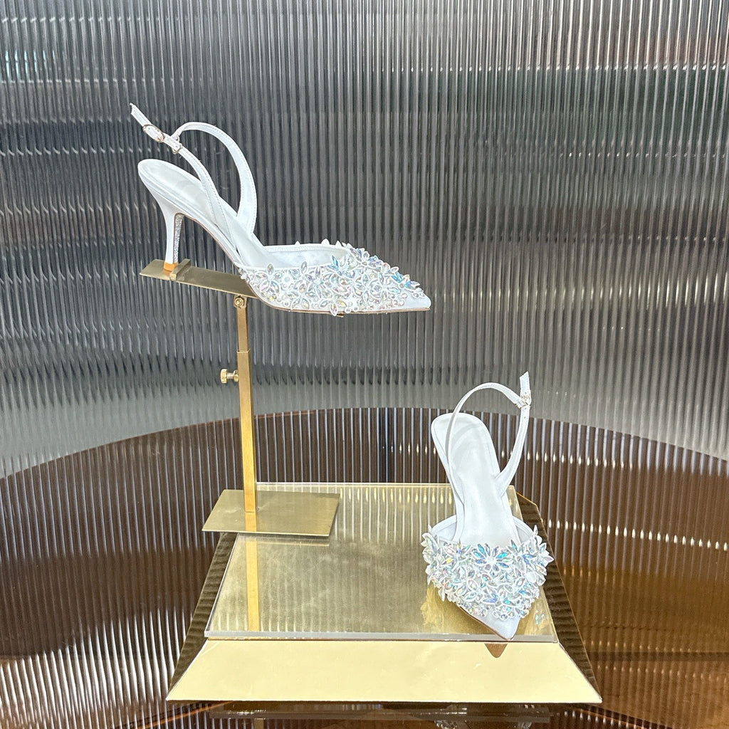 RENE CAOVILLA 26S HIGH-HEEL SLINGBACKS 75 MM IN WHITE LAMBSKIN CRYSTAL EMBELLISHED
