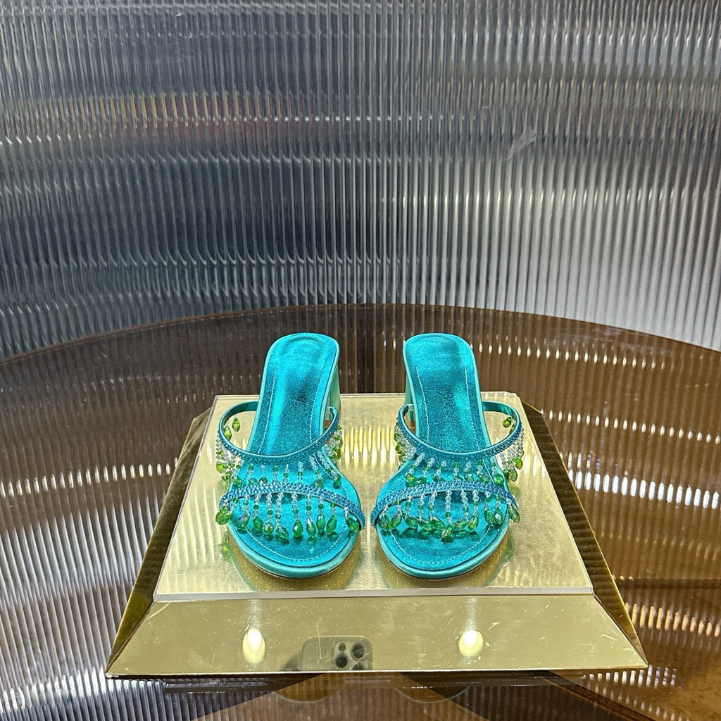 RENE CAOVILLA 26S HIGH-HEEL SANDALS 50 MM IN EMERALD GREEN LAMBSKIN