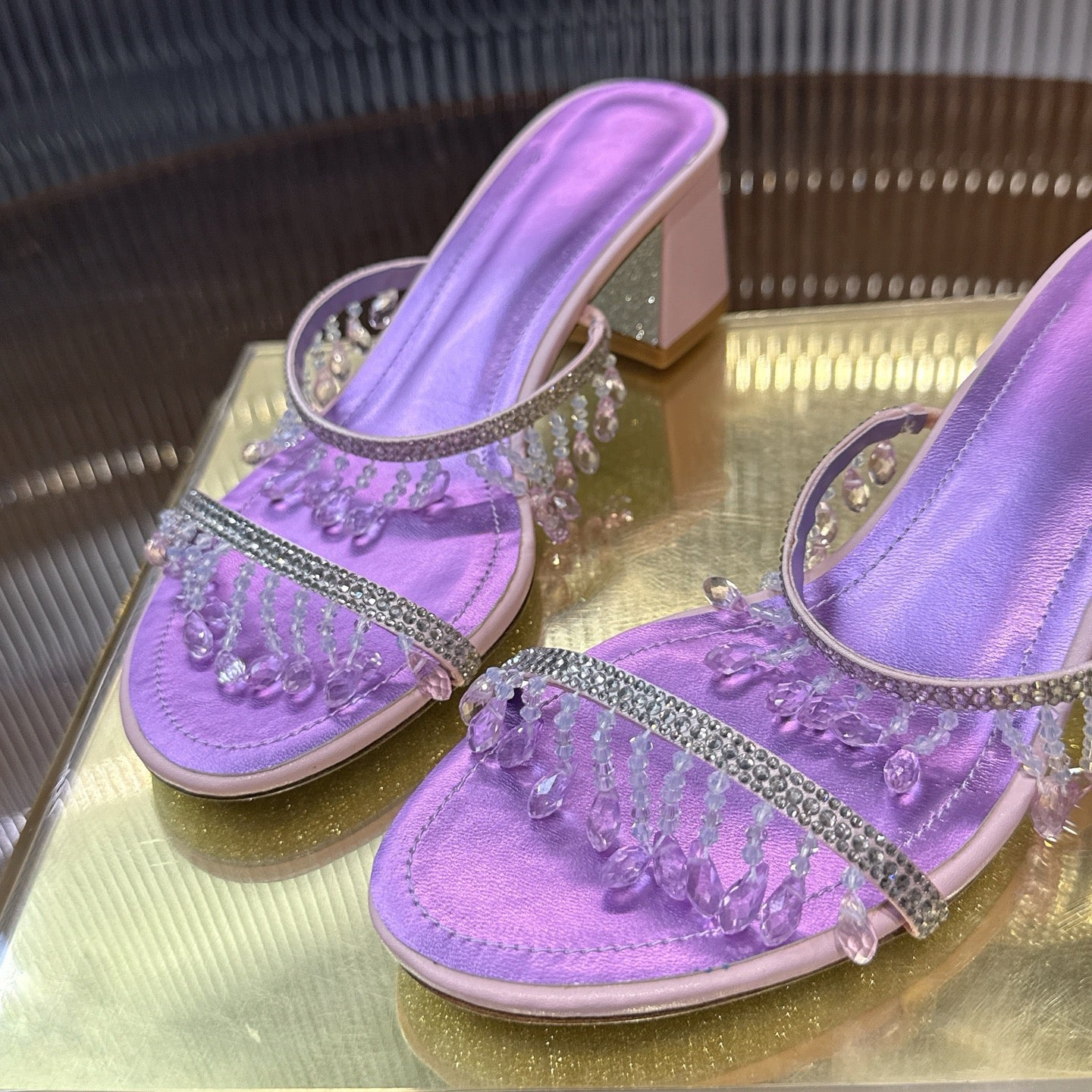 RENE CAOVILLA 26S HIGH-HEEL SANDALS 50 MM IN PURPLE LAMBSKIN