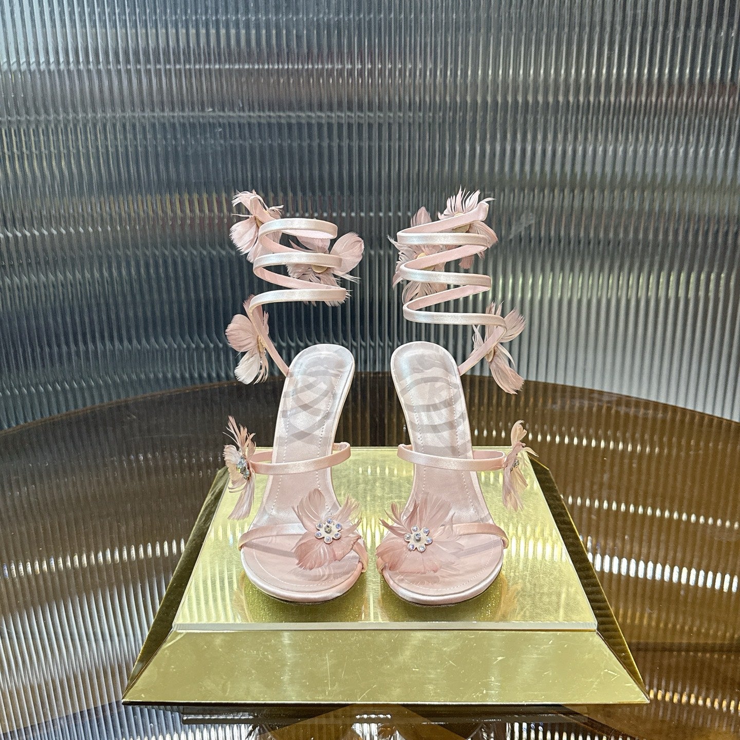RENE CAOVILLA 26S FLORAL FEATHER HIGH-HEEL SANDALS 100 MM IN NUDE LAMBSKIN