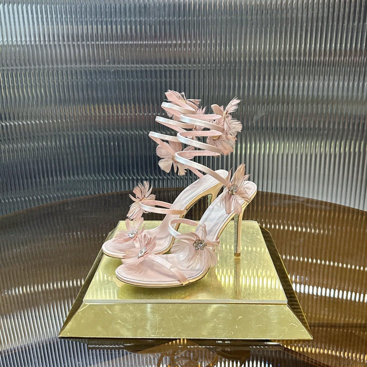 RENE CAOVILLA 26S FLORAL FEATHER HIGH-HEEL SANDALS 100 MM IN NUDE LAMBSKIN