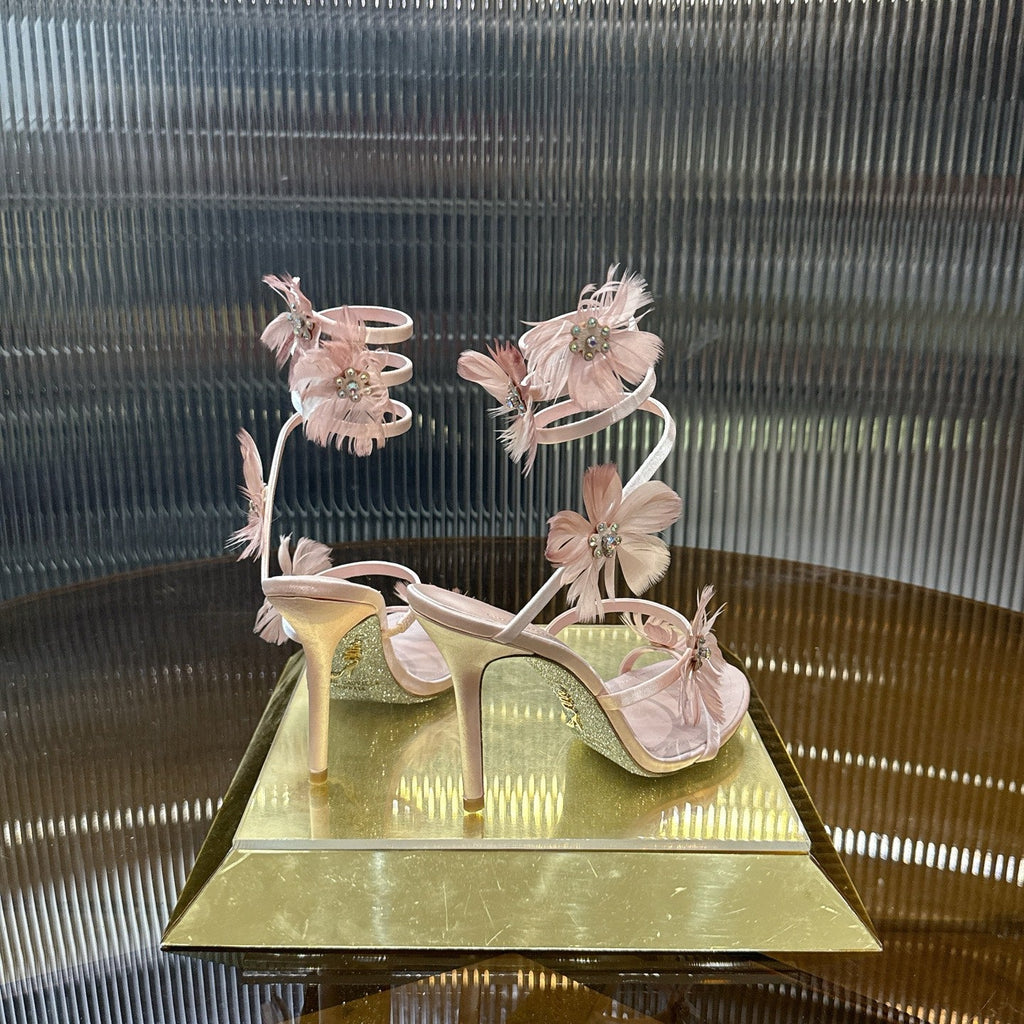 RENE CAOVILLA 26S FLORAL FEATHER HIGH-HEEL SANDALS 100 MM IN NUDE LAMBSKIN