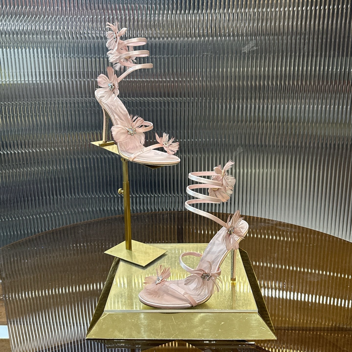 RENE CAOVILLA 26S FLORAL FEATHER HIGH-HEEL SANDALS 100 MM IN NUDE LAMBSKIN
