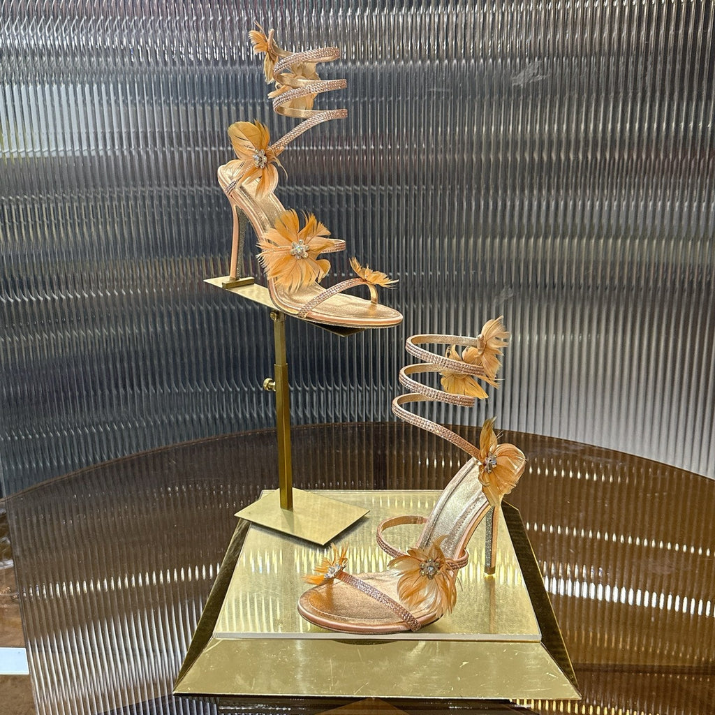 RENE CAOVILLA 26S FLORAL FEATHER HIGH-HEEL SANDALS 100 MM IN MATCHING NUDE LAMBSKIN