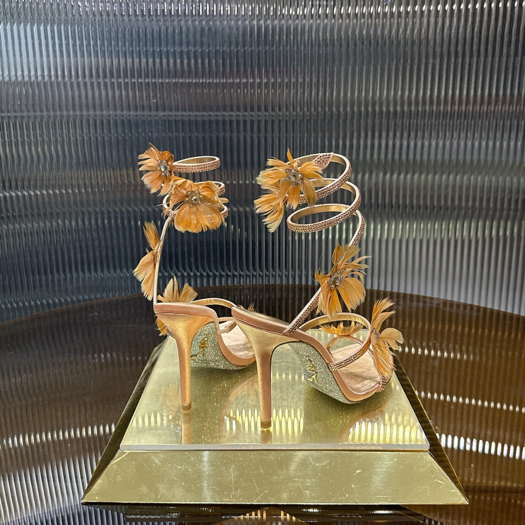 RENE CAOVILLA 26S FLORAL FEATHER HIGH-HEEL SANDALS 100 MM IN MATCHING NUDE LAMBSKIN