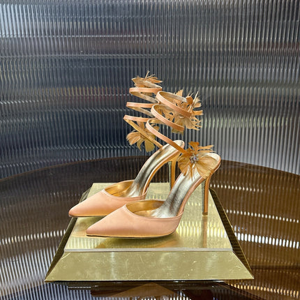 RENE CAOVILLA 26S FLORAL FEATHER HIGH HEELS 100 MM IN MATCHING NUDE SATIN