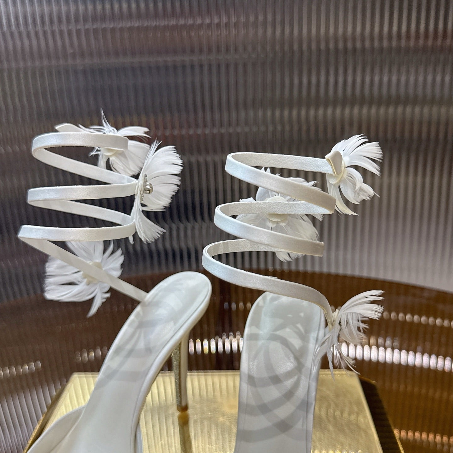 RENE CAOVILLA 26S FLORAL FEATHER HIGH HEELS 100 MM IN WHITE SATIN