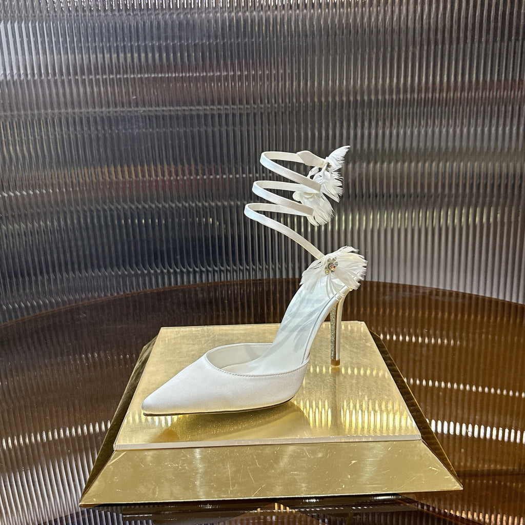 RENE CAOVILLA 26S FLORAL FEATHER HIGH HEELS 100 MM IN WHITE SATIN