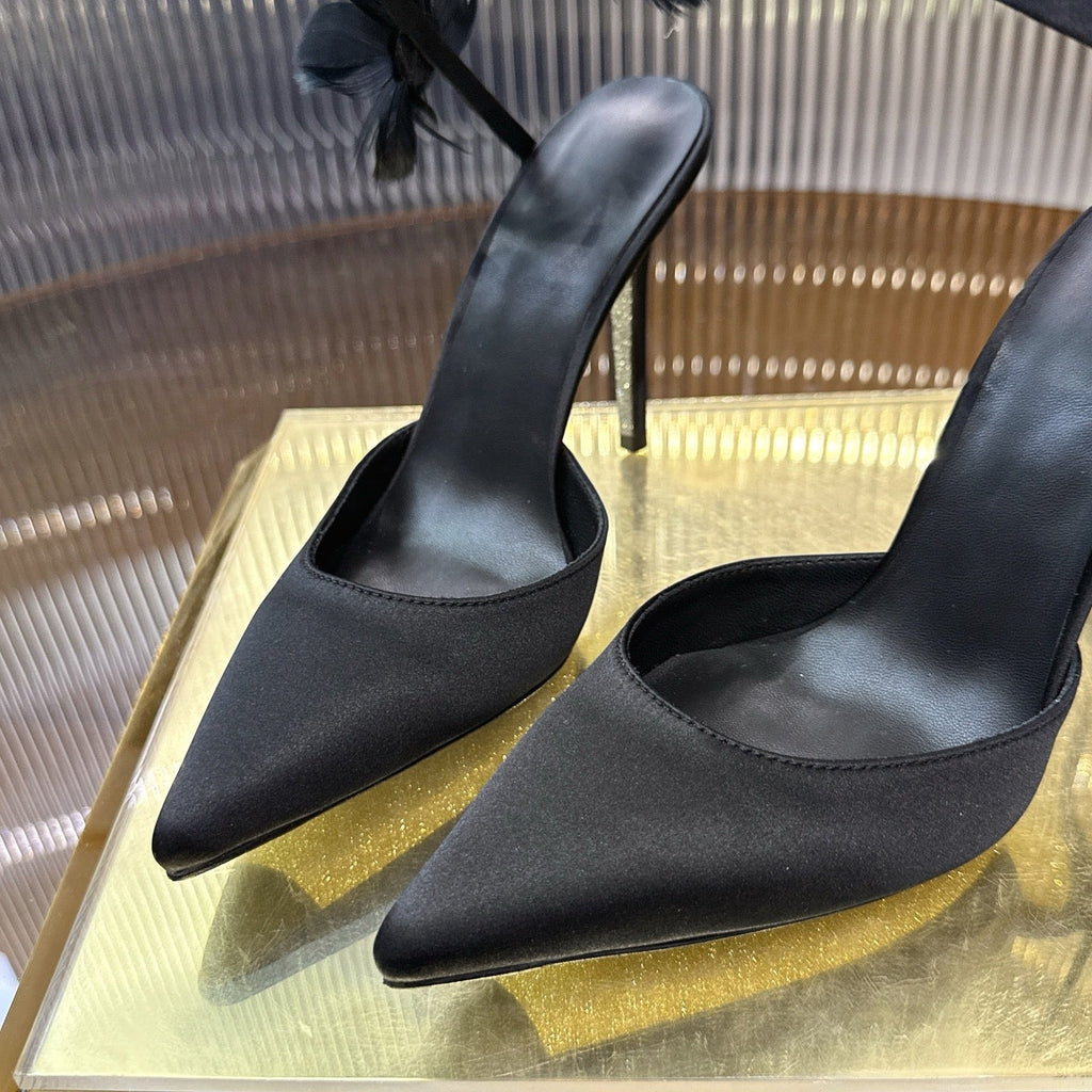 RENE CAOVILLA 26S FLORAL FEATHER HIGH HEELS 100 MM IN BLACK SATIN