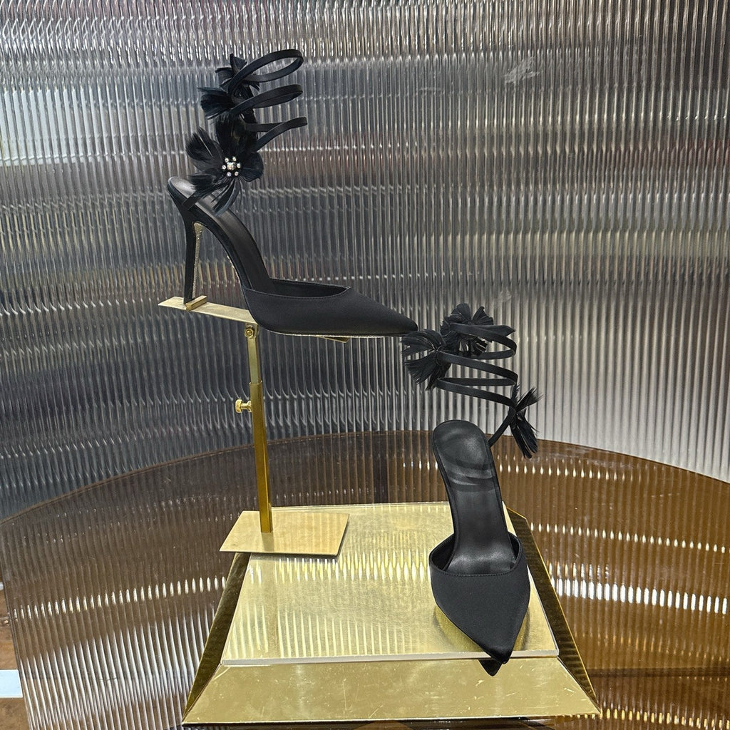 RENE CAOVILLA 26S FLORAL FEATHER HIGH HEELS 100 MM IN BLACK SATIN