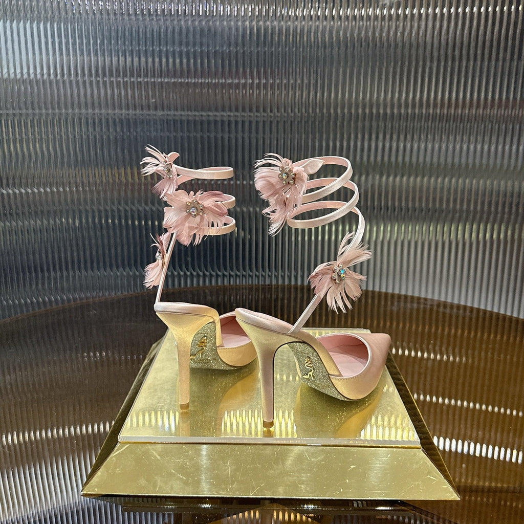 RENE CAOVILLA 26S FLORAL FEATHER HIGH HEELS 100 MM IN NUDE SATIN